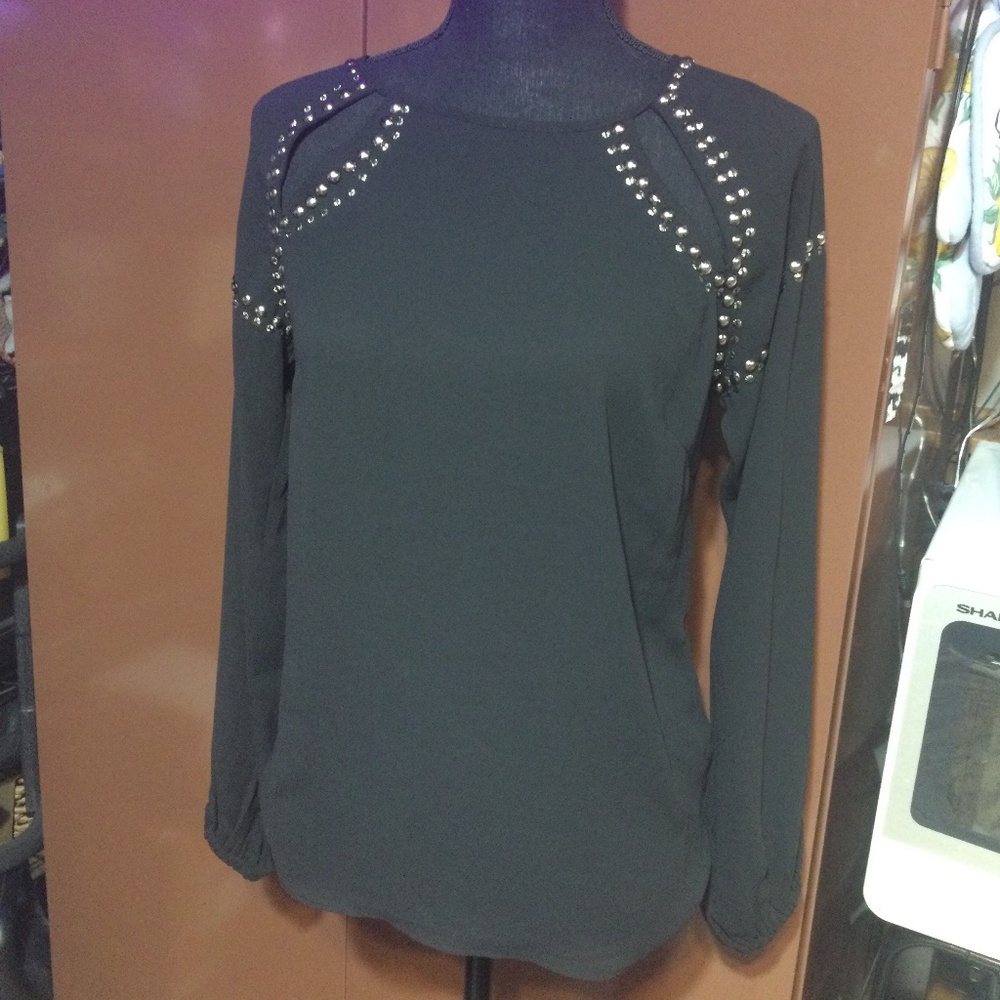 GREYLIN: Black Blouse with front cutouts & studs SIZE: XSMALL